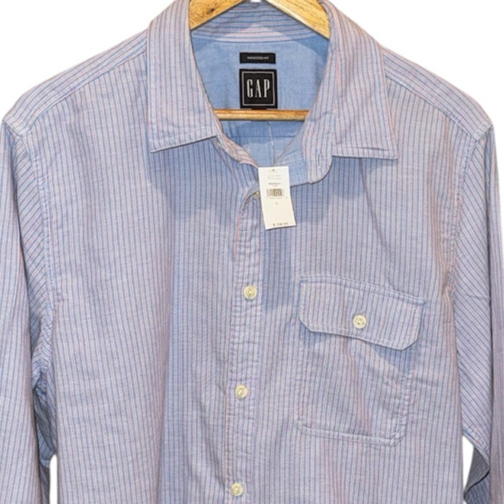 GAP Men’s Blue and White Cotton Stripe Button-Down Shirt Size Large